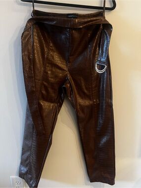 JLUXLABEL Dark Brown Croc-Embossed Faux Leather Pants with Ring Belt